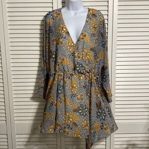 Free People womens long sleeve mini dress XS blue yellow floral side tie v-neck